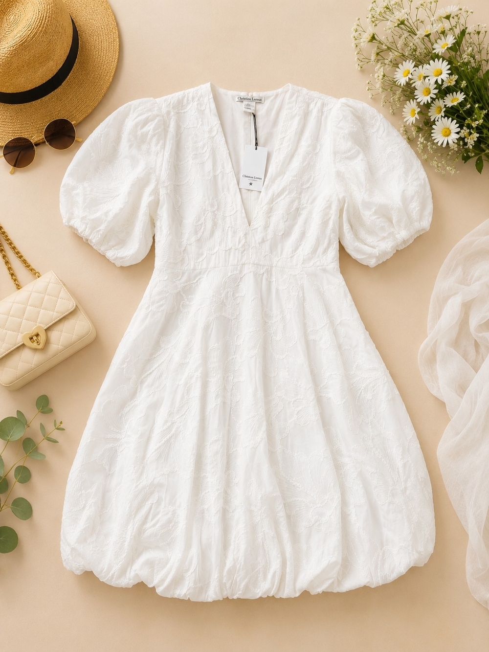Christian Lacroix White Embroidered Puff-Sleeve Mini Dress